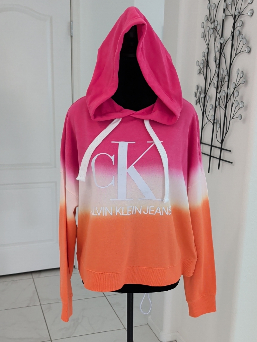 New Calvin Klein Tie Dye Hoodie Bright Pink Orange White Loose Fit M